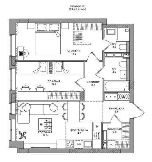 61,2 м², 3-комнатная квартира 14 191 000 ₽ - изображение 1