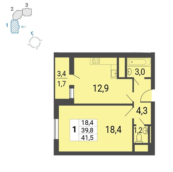 41,5 м², 1-комнатная квартира 10 528 650 ₽ - изображение 1