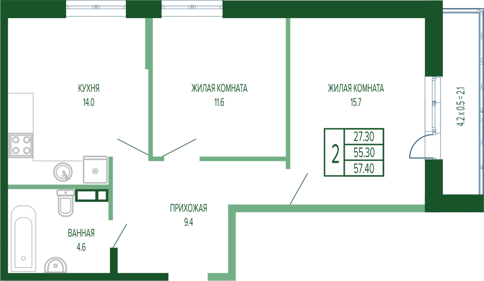 57,4 м², 2-комнатная квартира 12 795 034 ₽ - изображение 1