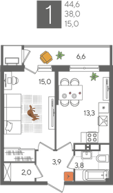 Квартира 44,6 м², 1-комнатная - изображение 2