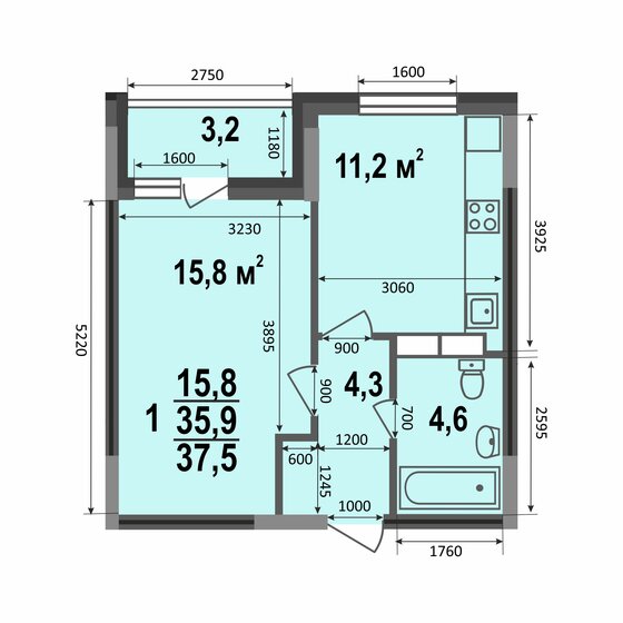 37,5 м², 1-комнатная квартира 3 562 500 ₽ - изображение 1
