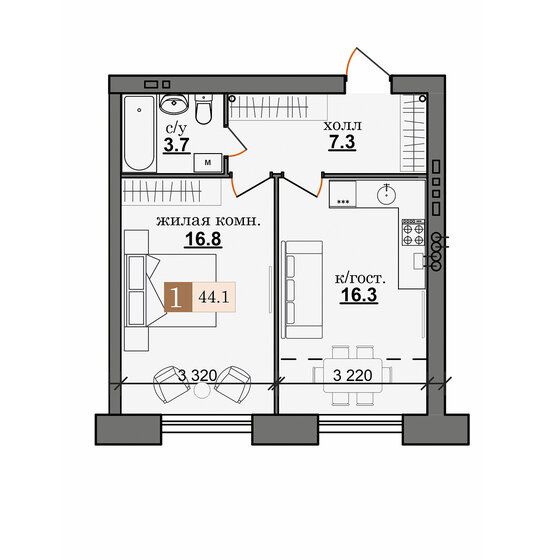 44,1 м², 1-комнатная квартира 4 110 000 ₽ - изображение 1