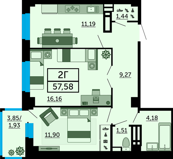57,6 м², 2-комнатная квартира 9 961 340 ₽ - изображение 1