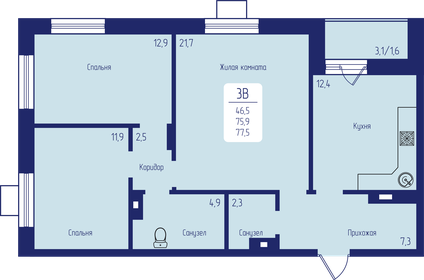 Квартира 77,5 м², 3-комнатная - изображение 1