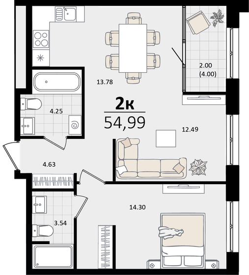 55 м², 2-комнатная квартира 16 865 432 ₽ - изображение 1