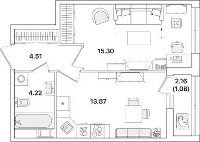 Квартира 39 м², 1-комнатная - изображение 1