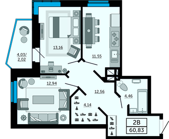 Квартира 60,8 м², 2-комнатная - изображение 1