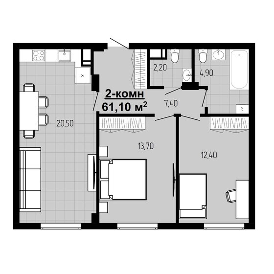 61,1 м², 2-комнатная квартира 14 358 500 ₽ - изображение 1
