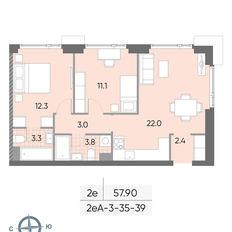 Квартира 57,9 м², 2-комнатная - изображение 2