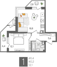 49,8 м², 1-комнатная квартира 12 454 980 ₽ - изображение 18
