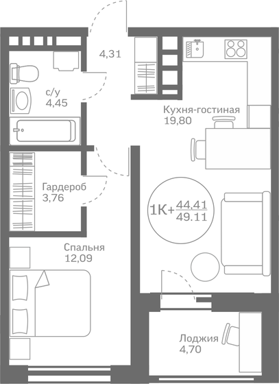 44,4 м², 1-комнатная квартира 6 200 000 ₽ - изображение 1