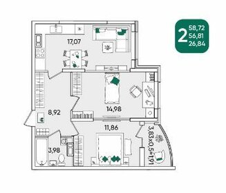 Квартира 58 м², 2-комнатная - изображение 1