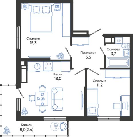 56,1 м², 2-комнатная квартира 10 743 150 ₽ - изображение 1