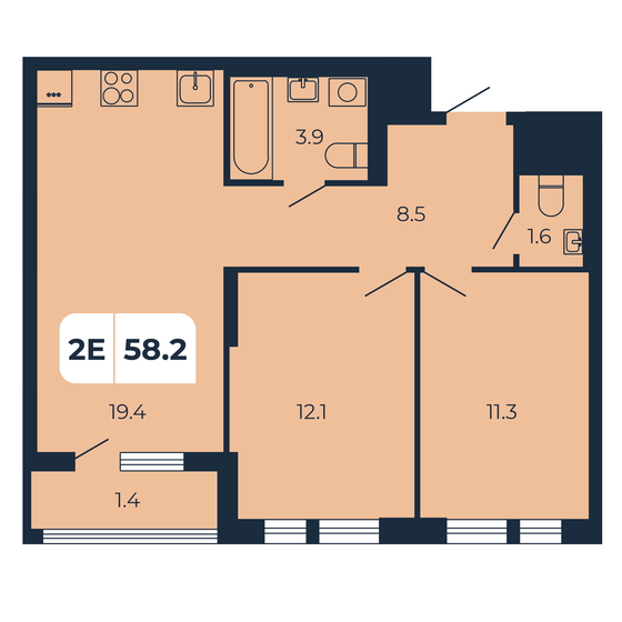 58,2 м², 2-комнатная квартира 6 925 800 ₽ - изображение 1