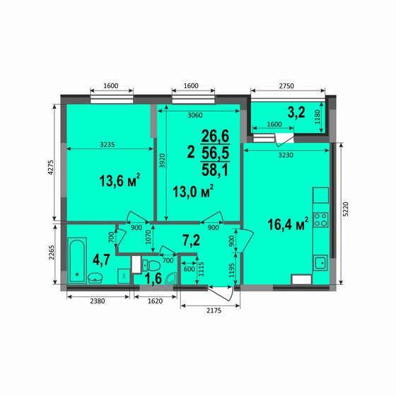 58,1 м², 2-комнатная квартира 5 984 300 ₽ - изображение 18