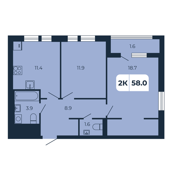 58 м², 2-комнатная квартира 6 670 000 ₽ - изображение 1