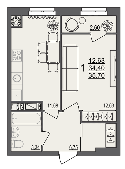 35,7 м², 1-комнатная квартира 3 462 900 ₽ - изображение 1