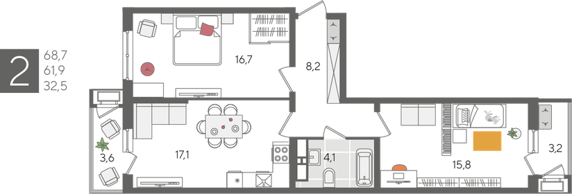 Квартира 68,7 м², 2-комнатная - изображение 2