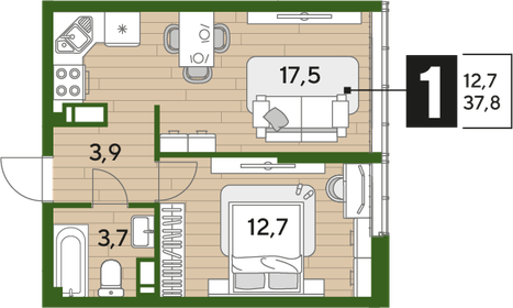 Квартира 37,8 м², 1-комнатная - изображение 2