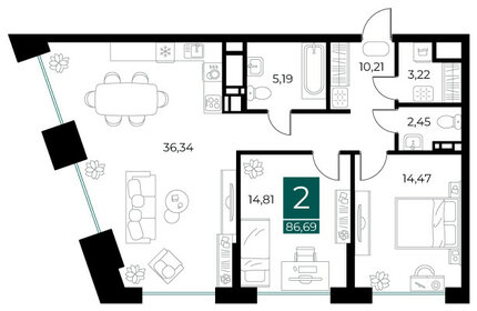 Квартира 86,7 м², 2-комнатная - изображение 1