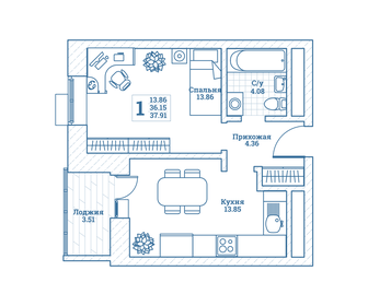 Квартира 38,1 м², 1-комнатная - изображение 1
