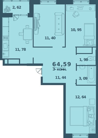 64,6 м², 3-комнатная квартира 6 006 870 ₽ - изображение 1