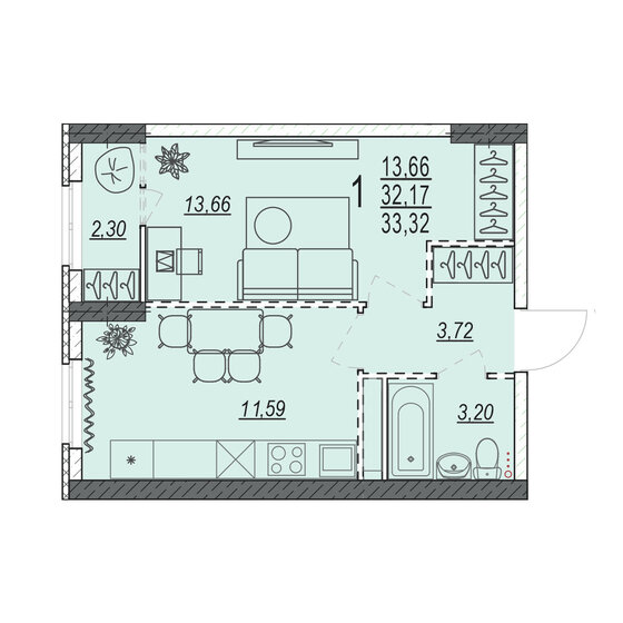 33,3 м², 1-комнатная квартира 3 598 560 ₽ - изображение 1