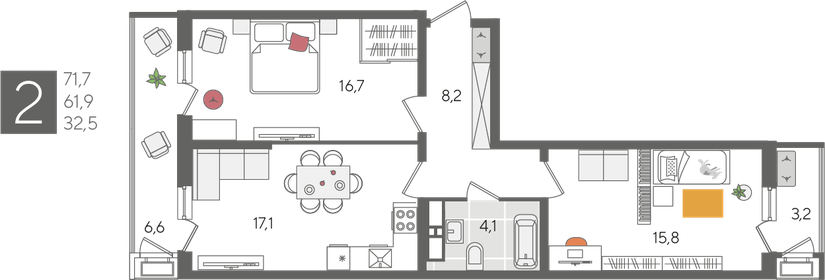Квартира 71,7 м², 2-комнатная - изображение 2