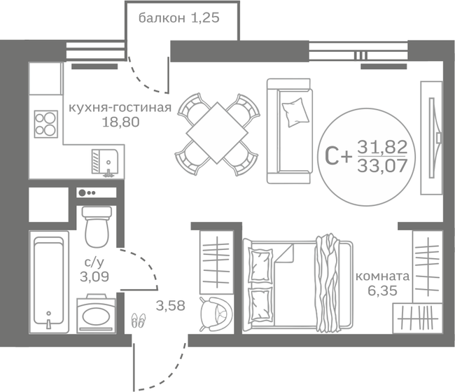 31,8 м², квартира-студия 4 300 000 ₽ - изображение 1