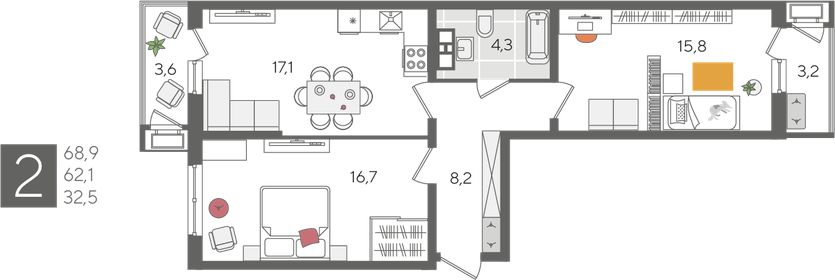 68,9 м², 2-комнатная квартира 12 408 890 ₽ - изображение 10