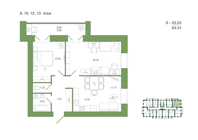 Квартира 64,4 м², 2-комнатная - изображение 1