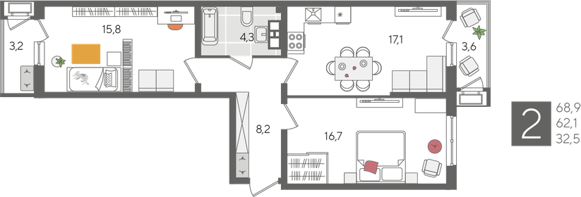 68,9 м², 2-комнатная квартира 12 408 890 ₽ - изображение 5