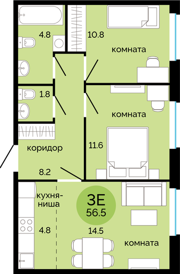 56,5 м², 3-комнатная квартира 6 200 000 ₽ - изображение 1