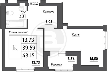 Квартира 43,2 м², 1-комнатная - изображение 1