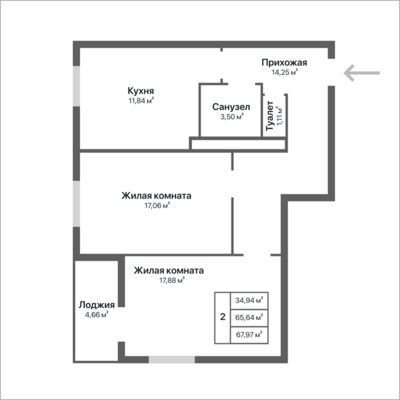 68 м², 2-комнатная квартира 6 797 000 ₽ - изображение 1