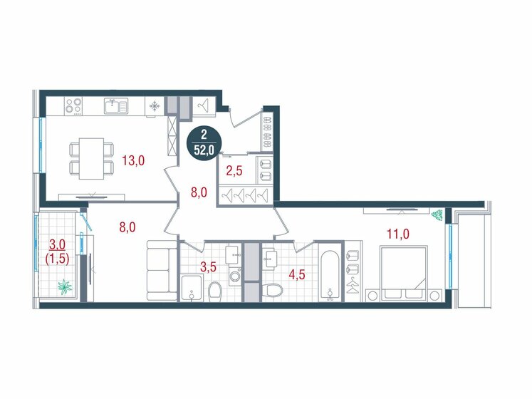 52 м², 2-комнатная квартира 18 370 352 ₽ - изображение 1