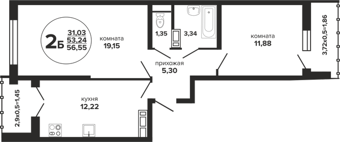 Квартира 56,6 м², 2-комнатная - изображение 1