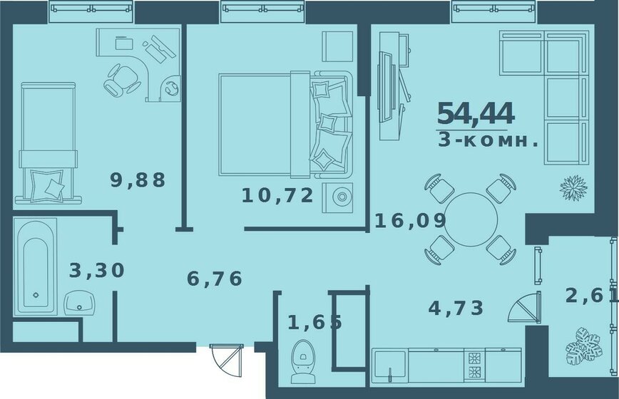 54,4 м², 3-комнатная квартира 5 117 360 ₽ - изображение 23