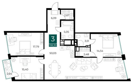 Квартира 118,4 м², 3-комнатная - изображение 1