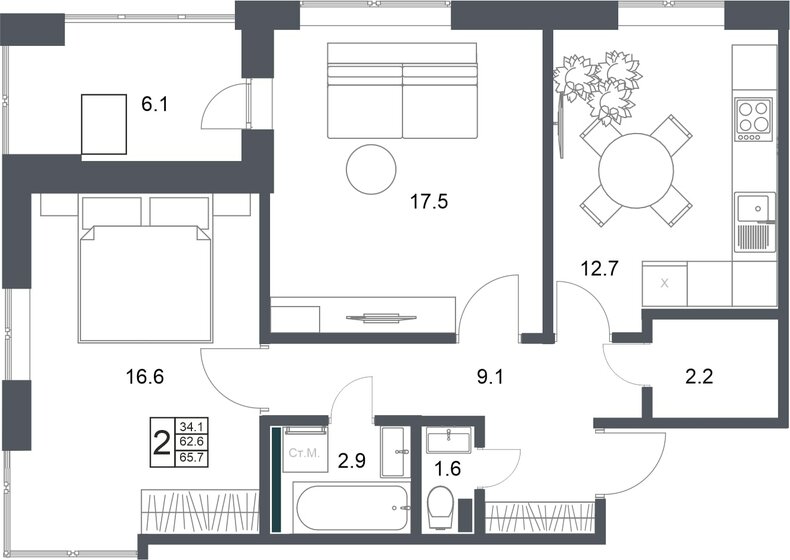 65,7 м², 2-комнатная квартира 6 399 180 ₽ - изображение 1