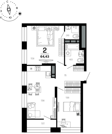 64,4 м², 2-комнатная квартира 7 899 910 ₽ - изображение 1