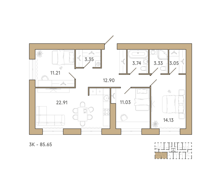 87 м², 3-комнатная квартира 10 523 370 ₽ - изображение 1