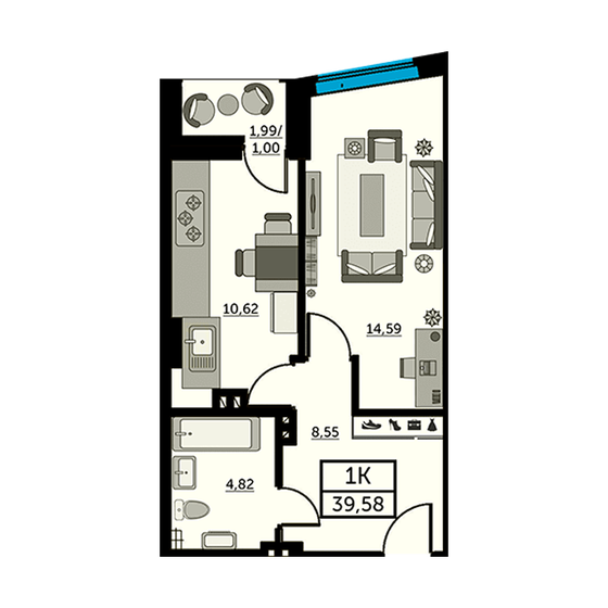 39,4 м², 1-комнатная квартира 5 752 400 ₽ - изображение 9