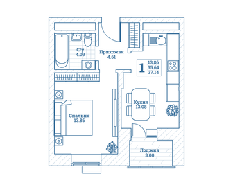 Квартира 37,1 м², 1-комнатная - изображение 1