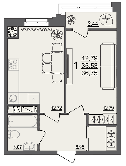 36,8 м², 1-комнатная квартира 3 564 750 ₽ - изображение 1