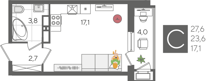 Квартира 27,6 м², студия - изображение 1