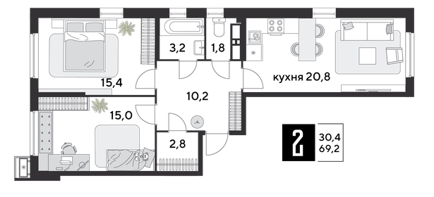 69,4 м², 2-комнатная квартира 11 464 880 ₽ - изображение 19