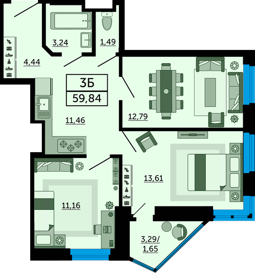 59,8 м², 3-комнатная квартира 7 779 200 ₽ - изображение 1