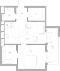 Квартира 63,2 м², 1-комнатная - изображение 1