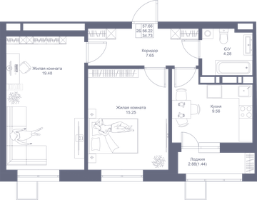 57,7 м², 2-комнатная квартира 11 647 320 ₽ - изображение 46